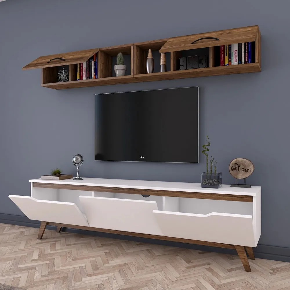 Set bieleho TV stolíka a nástennej skrinky v dekore orechového dreva Rani