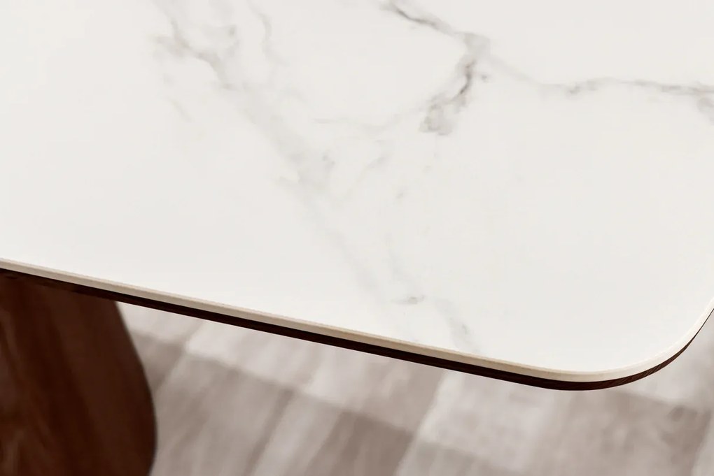 Jedálenský stôl UNIQUE 200 cm rám z tmavého orechového dreva dyhovaný keramický biely mramorový vrch