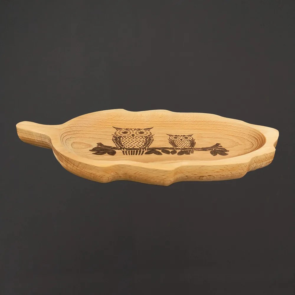 AMADEA Drevená miska v tvare listu, sova, masívne drevo, 34 cm