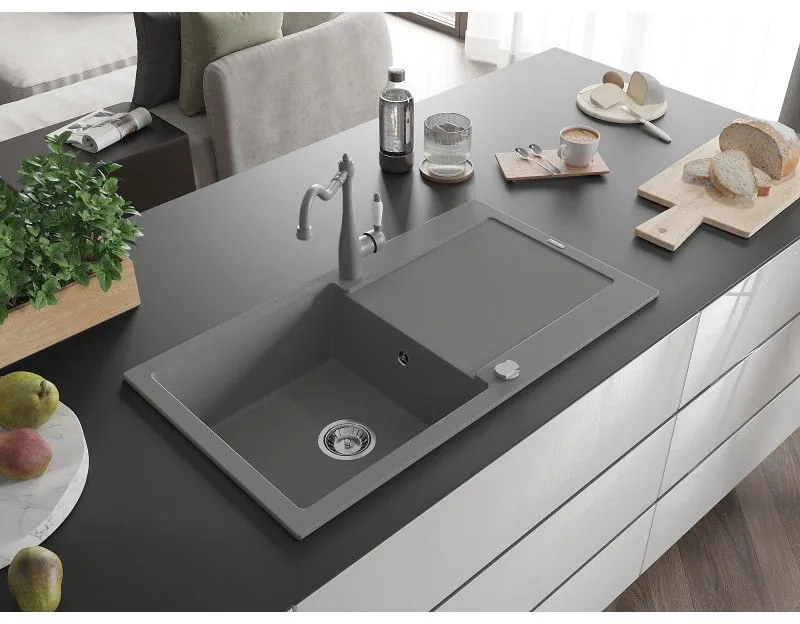 Mexen Leo, 1-komorový granitový drez 900x500x190 mm a drezová batéria Carla, šedá, 6501-71-670700-71