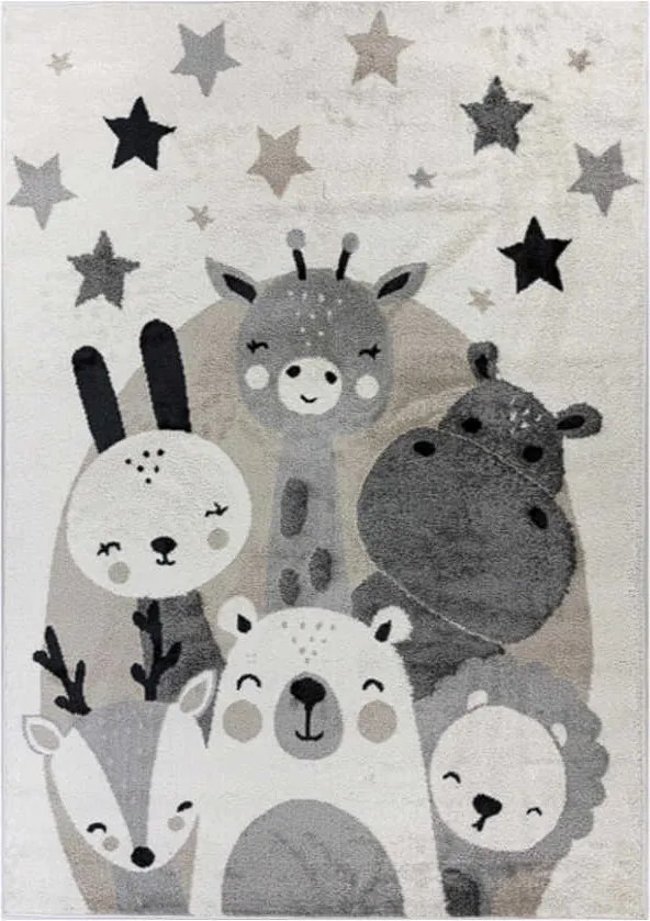 TA Bielo-sivý detský koberec C5637A_74F_37 WHITE / L.GREY ANIMAL so zvieratkami a hviezdičkami Rozmer: 160x230 cm
