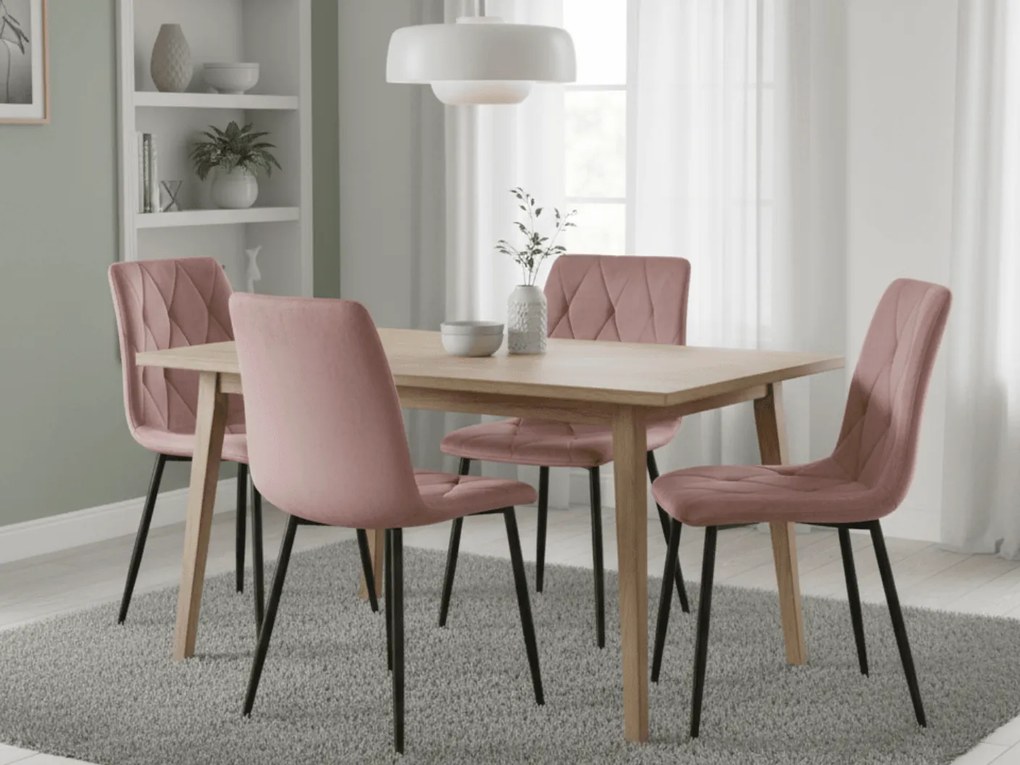 Ružová zamatová jedálenská stolička LIBRA s čiernymi nohami