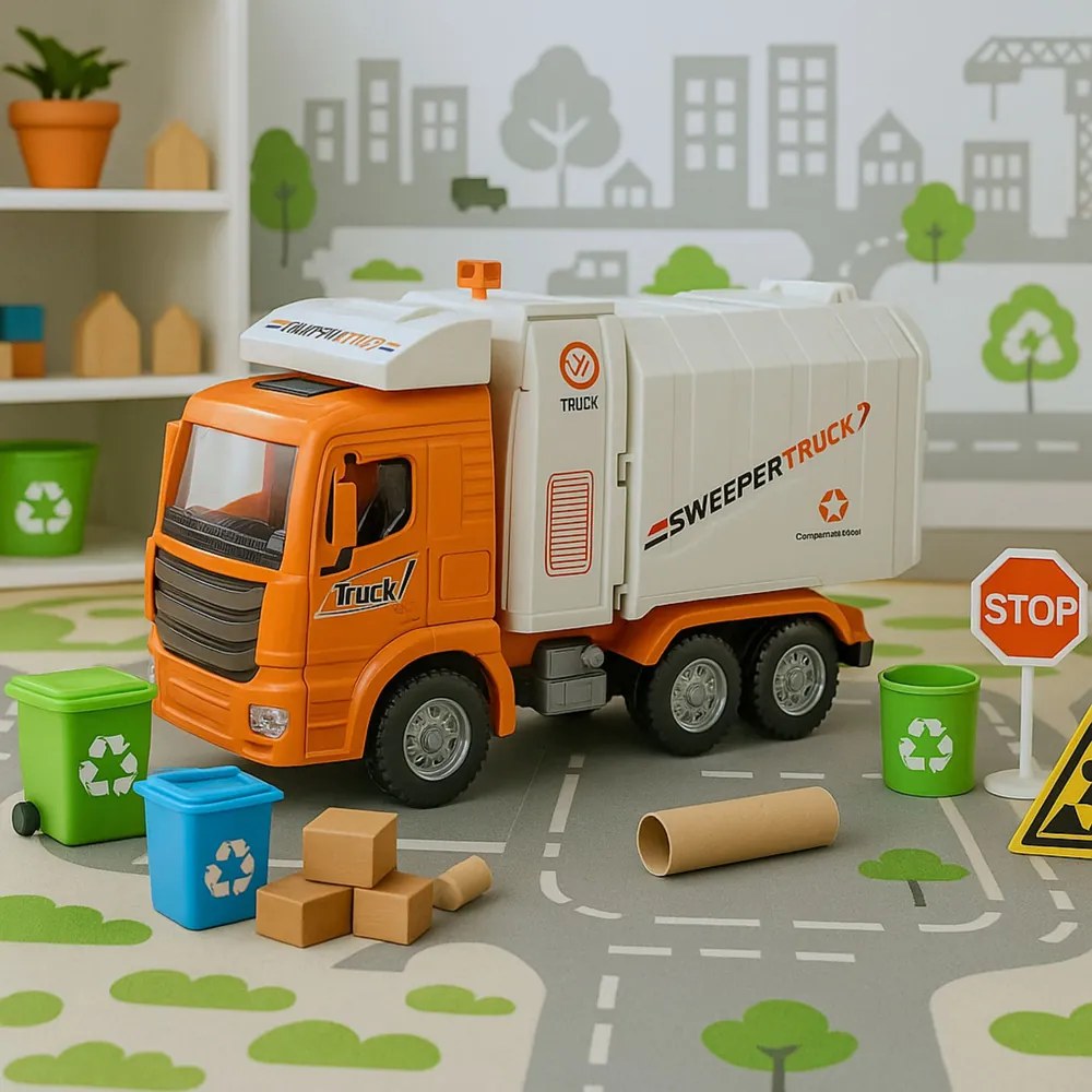 LEAN Toys Svetlá mestského smetiarskeho auta Zvuky oranžová