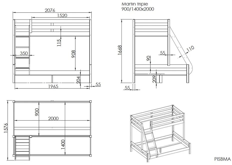 Poschodová detská posteľ z borovicového dreva 140x200/90x200 cm v prírodnej farbe Pino - Vipack