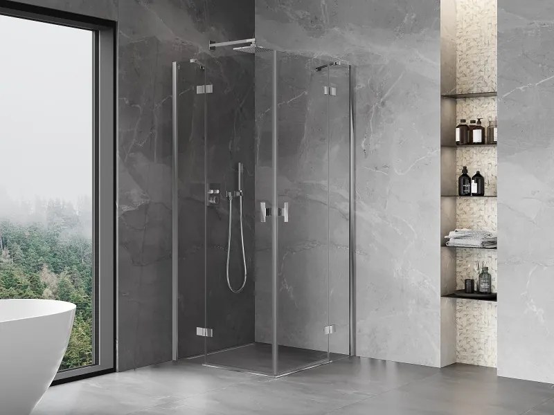 Mexen Mist-H Duo, 2-krídlový výklopný sprchový kút 100 x 100 cm, číre sklo, chrómový profil, 8A5-100L-100P-01-00