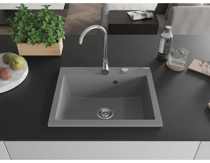 Mexen Elix, 1-komorový granitový drez 600 x 500 mm, sivý, chrómový sifón - 6525601005-71