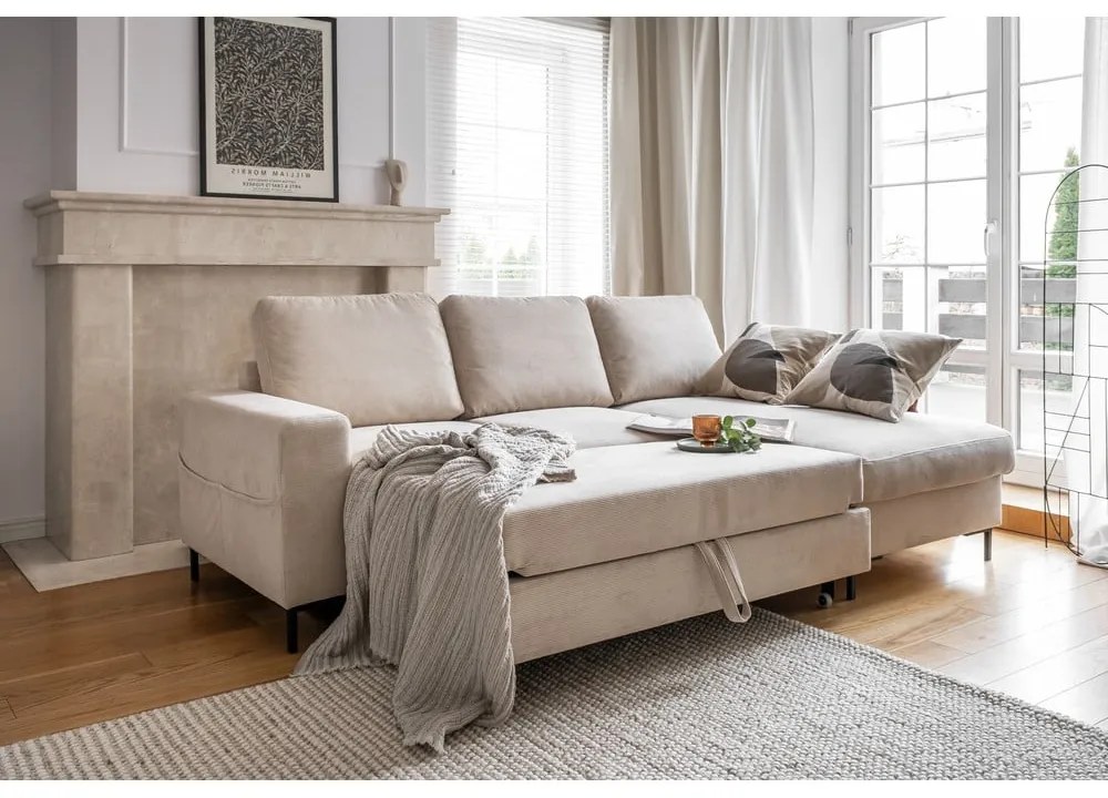 Béžová menčestrová rozkladacia rohová pohovka (pravý roh) Lofty Lilly – Miuform