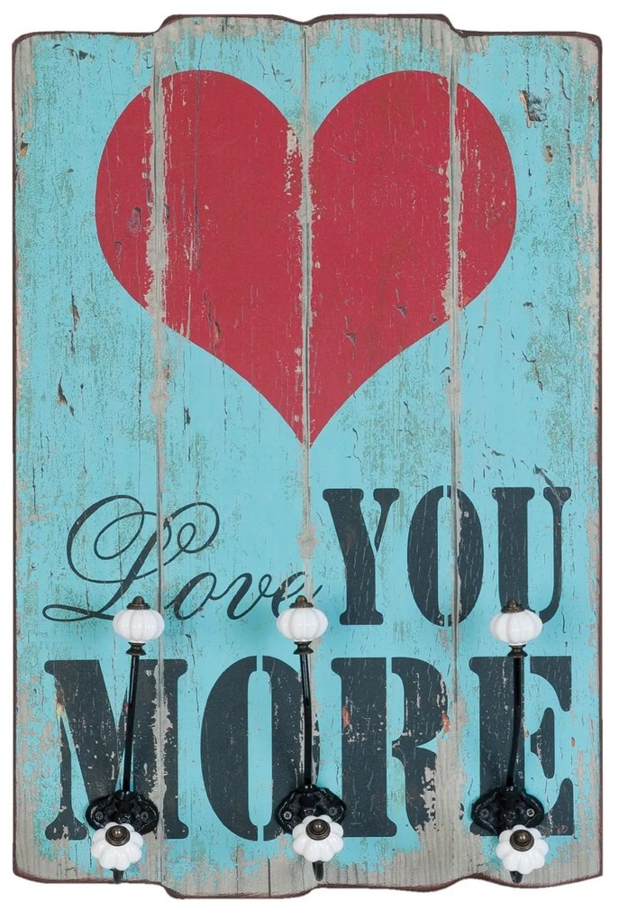 Nástenná drevená ceduľa s háčikmi Love you More - 40*13*60cm