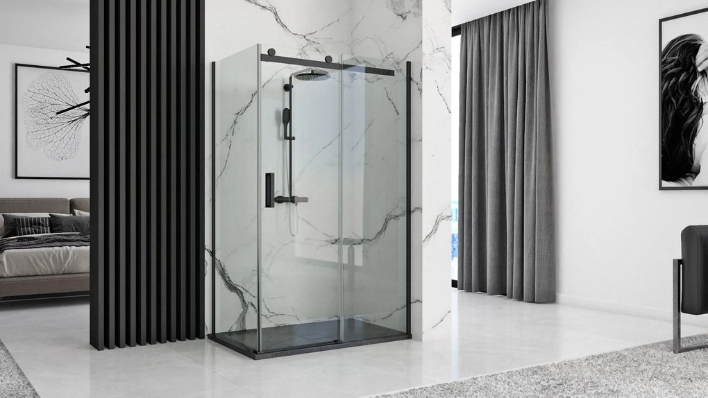 Rea Black Stone, sprchová vanička z minerálneho kameňa 120x90x3,5 cm + sifón, čierna, REA-K9603