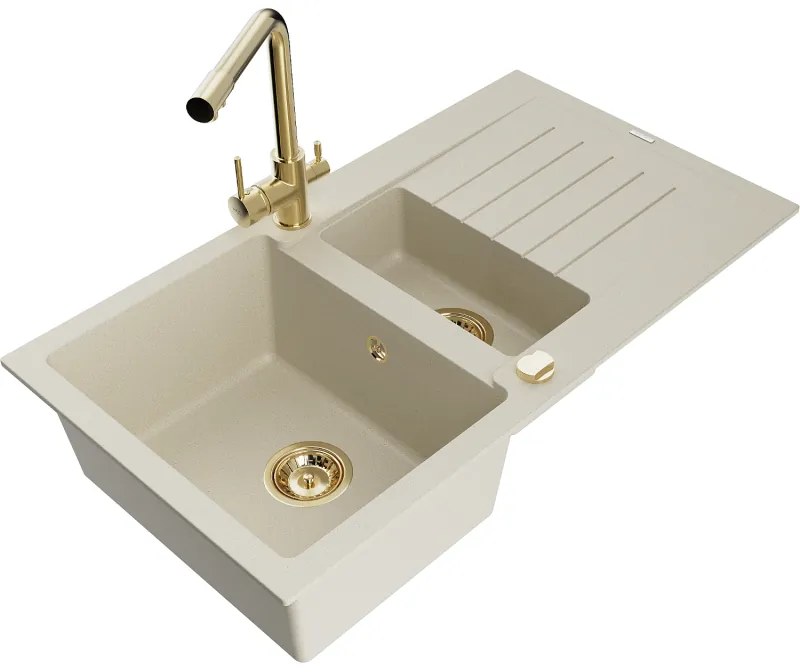 Mexen Matias, granitový drez 900x505x200 mm, 1,5-komorový a zlatá batéria Duero, béžová, 6502-69-671600-50