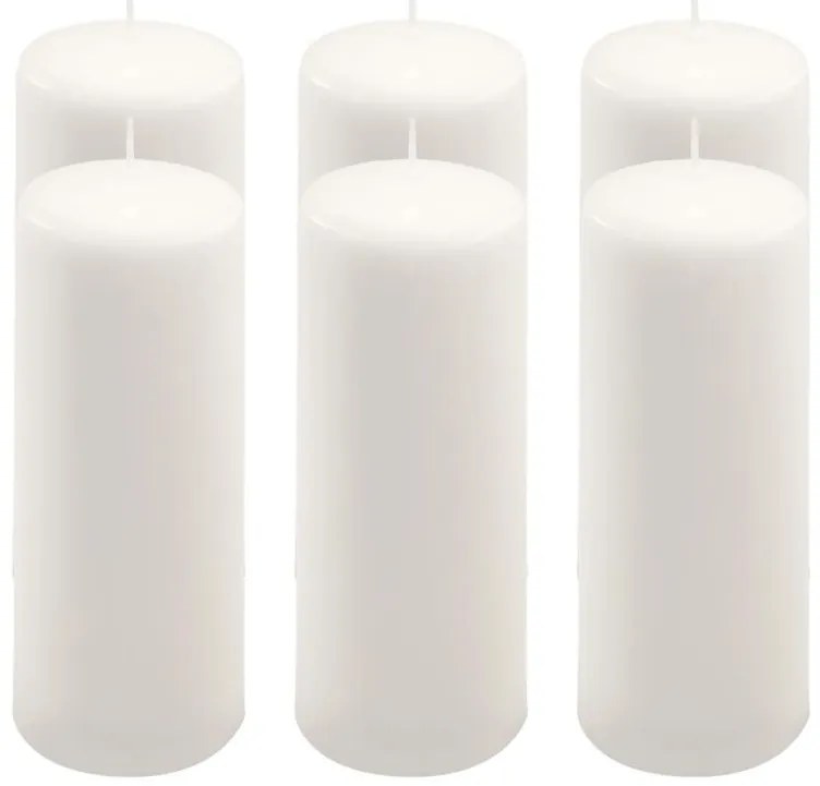 Sada stĺpových sviečok, 20 cm, Ø 7,5 cm, biela, 6 ks