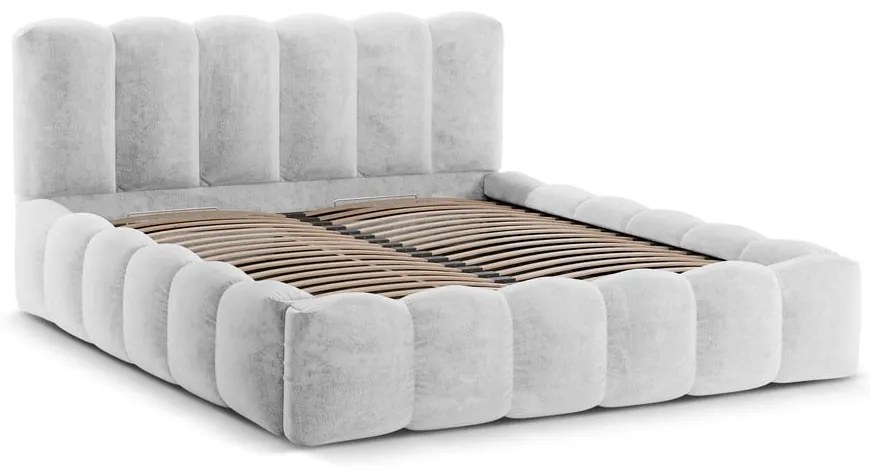 Svetlosivá čalúnená dvojlôžková posteľ s úložným priestorom a roštom 200x200 cm Lupine – Micadoni Home