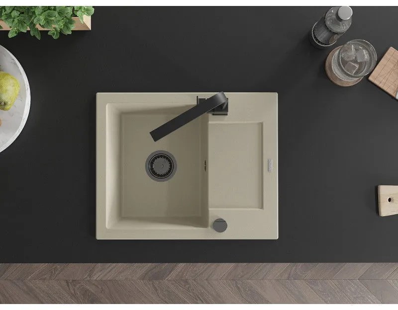 Mexen Enzo, granitový drez 576x465x174 mm, 1-komorový a čierna batéria Rita, béžová, 6506-69-670300-70