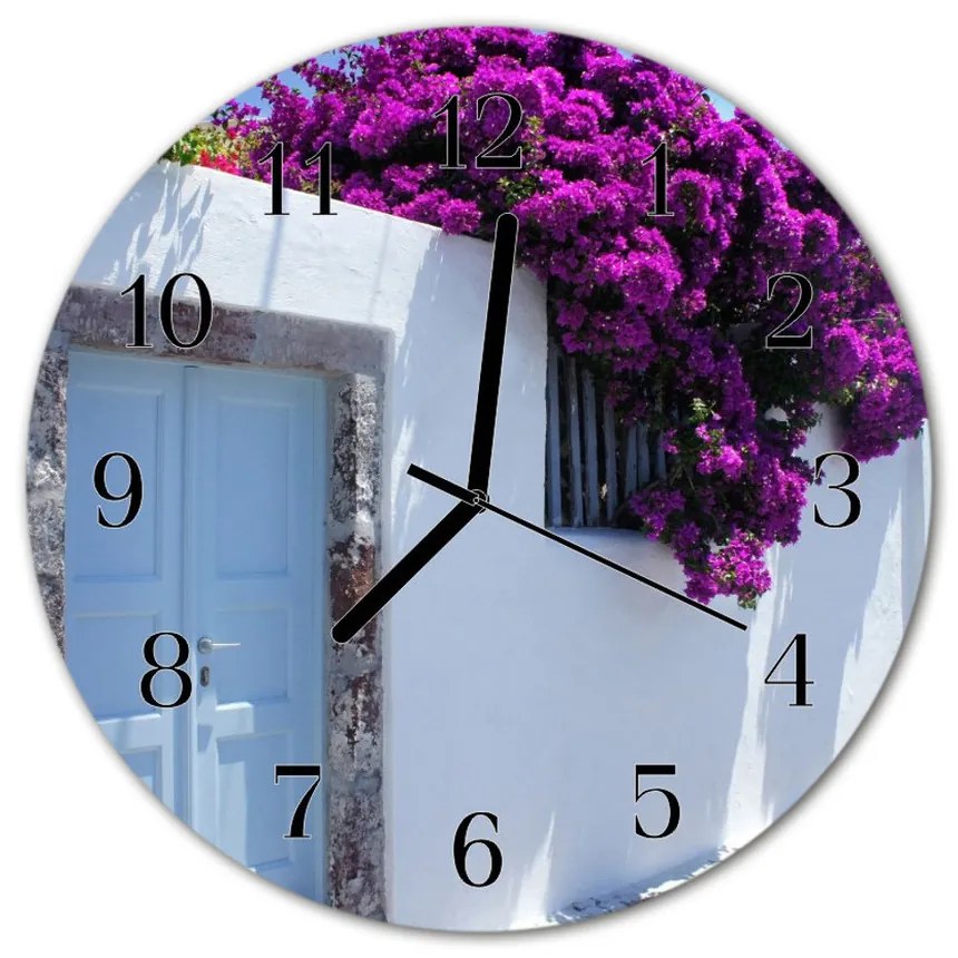 Sklenené hodiny okrúhle Kvetinový dom fi 30 cm