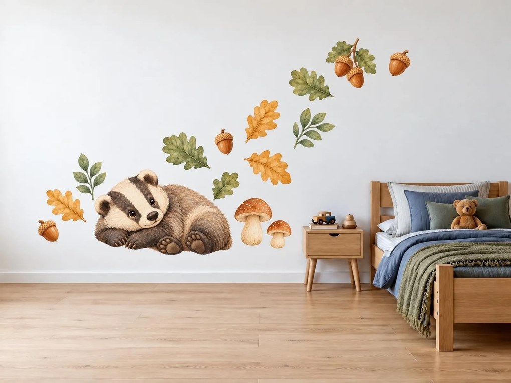 Jazvec medzi žaludmi jesenné detské nálepky s jazvecom na stenu hárok 46 x 30 cm