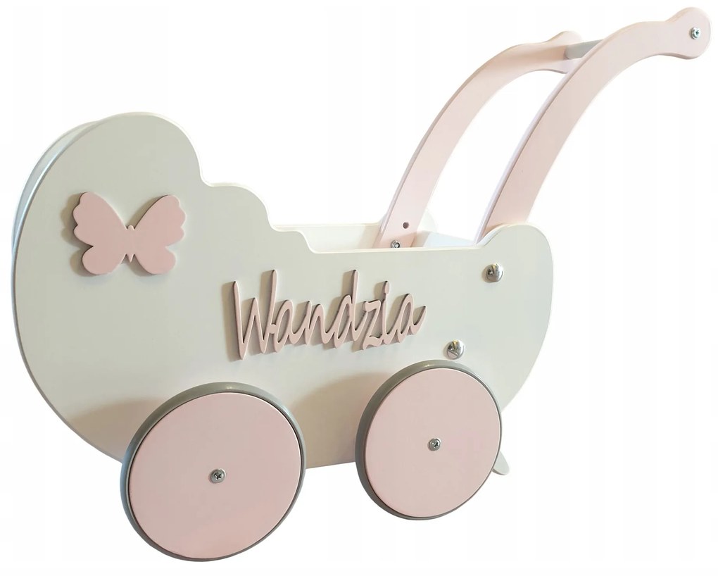 Dřevěný kočárek pro panenky s dekorací bílá + růžová