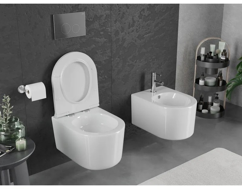 Mexen Sofia, závesná WC misa 490x360x355 mm, Rimless Tornádo + WC sedadlo z duroplastu, biela lesklá, 30540500T