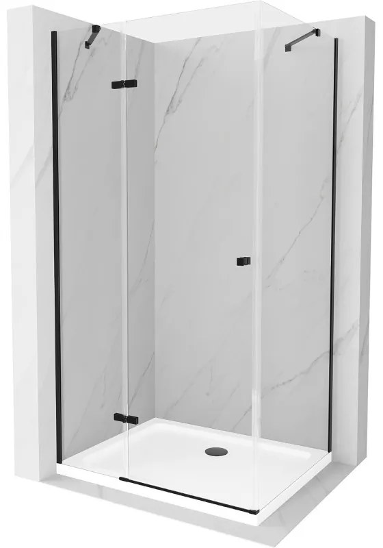 Mexen Roma, sprchovací kút s 1-krídlovými dverami 110 (dvere) x 80 (stena) cm, 6mm číre sklo, čierny profil, slim sprchová vanička 5cm biela s čiernym sifónom, 854-110-080-70-00-4010B