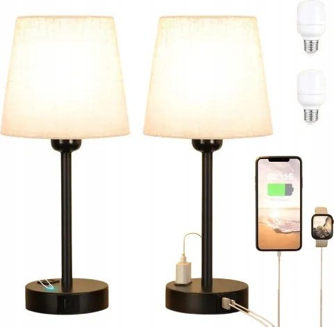 Sada 2x Dotyková nočná lampička s Usb-a+c, E27 3 režimy jasu, ľanová