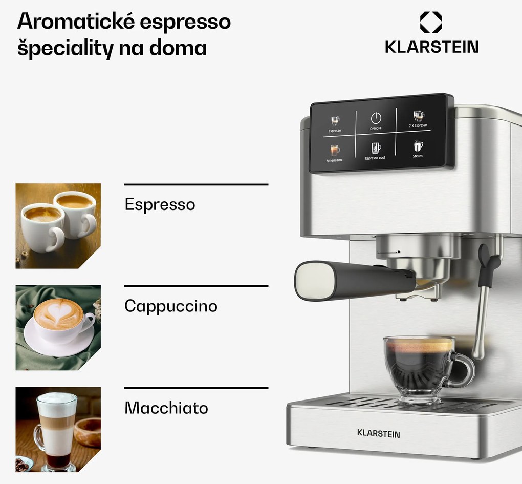 Klarstein SteelPresso Touch kávovar s portafiltrom, Dotykový displej, 20 bar, Nehrdzavejúca oceľ