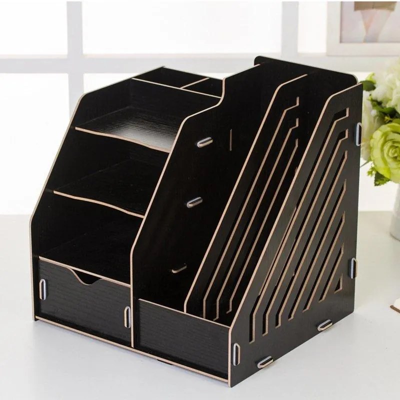 Drevený kancelársky organizér na dokumenty so 7 priehradkami a zásuvkou čierny DIY QS206 Čierna