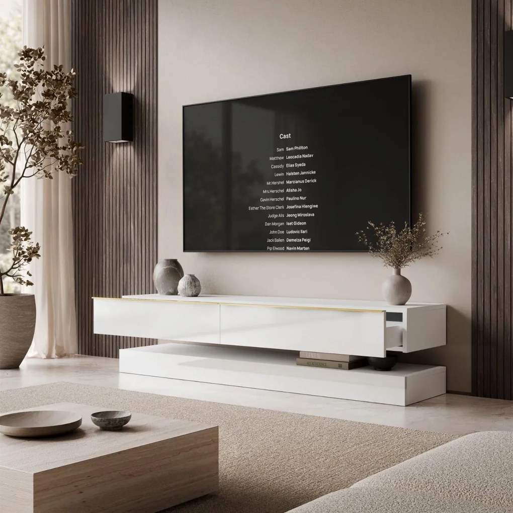 TV STOLIK SALLE BIELY LESK + ZLATÉ ÚCHYTKY 140 cm