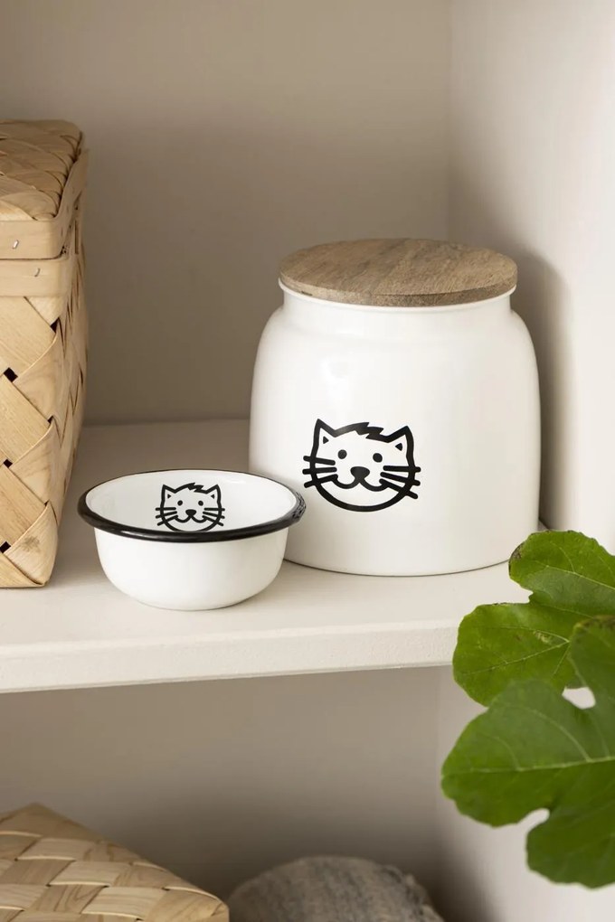 Biela kovová dóza na krmivo pre mačky s dreveným vekom CAT FOOD
