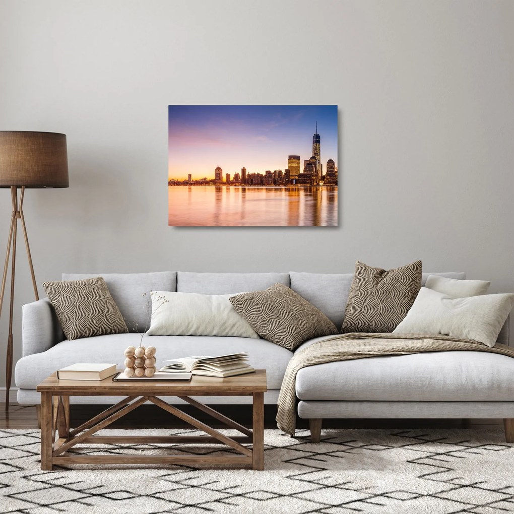 Sklenený obraz mesta pri západe slnka (70x50 cm)
