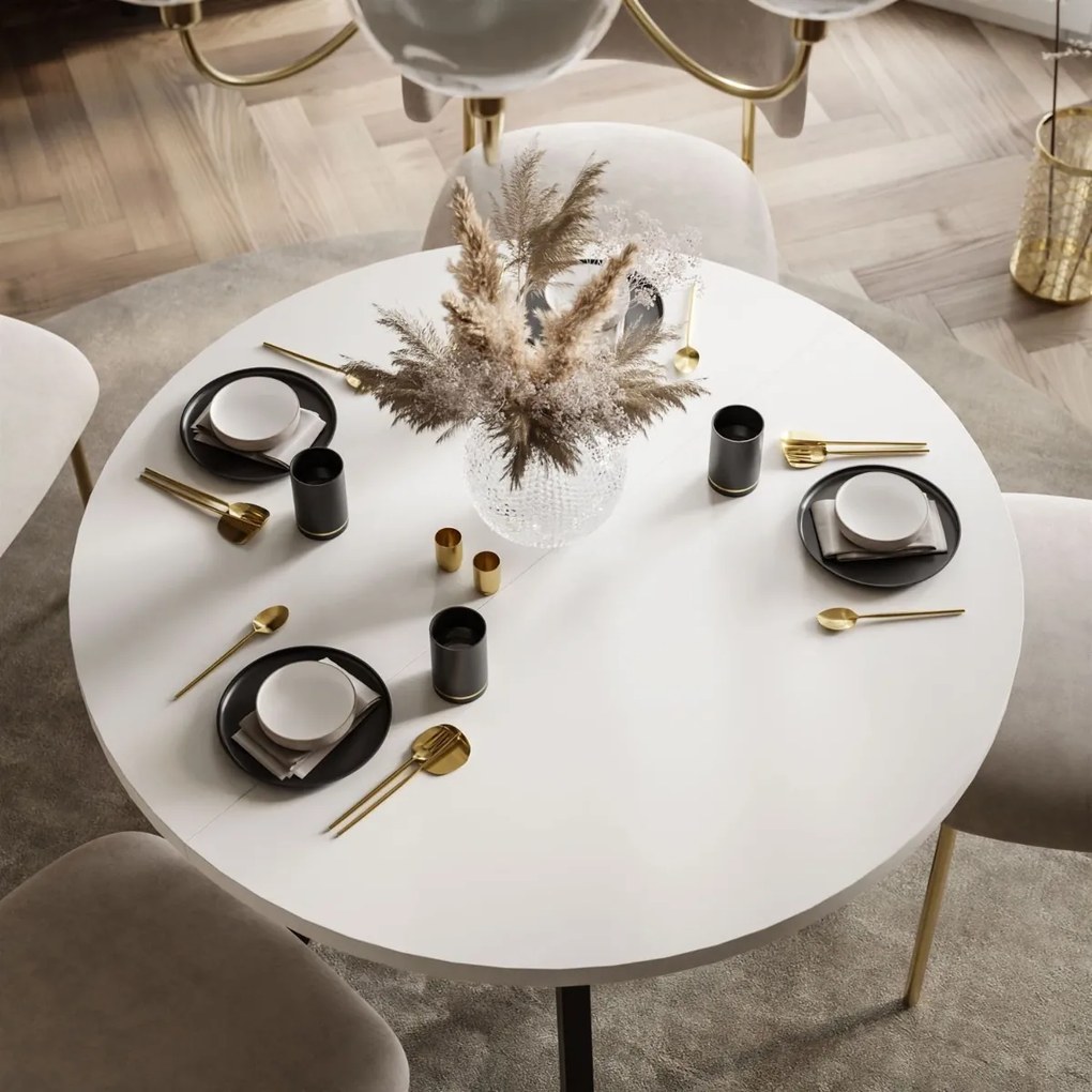 OKRÚHLY ROZKLADACÍ JEDÁLENSKÝ STÔL EWALD BIELY MATNÝ + ČIERNE NOHY 100/140 cm