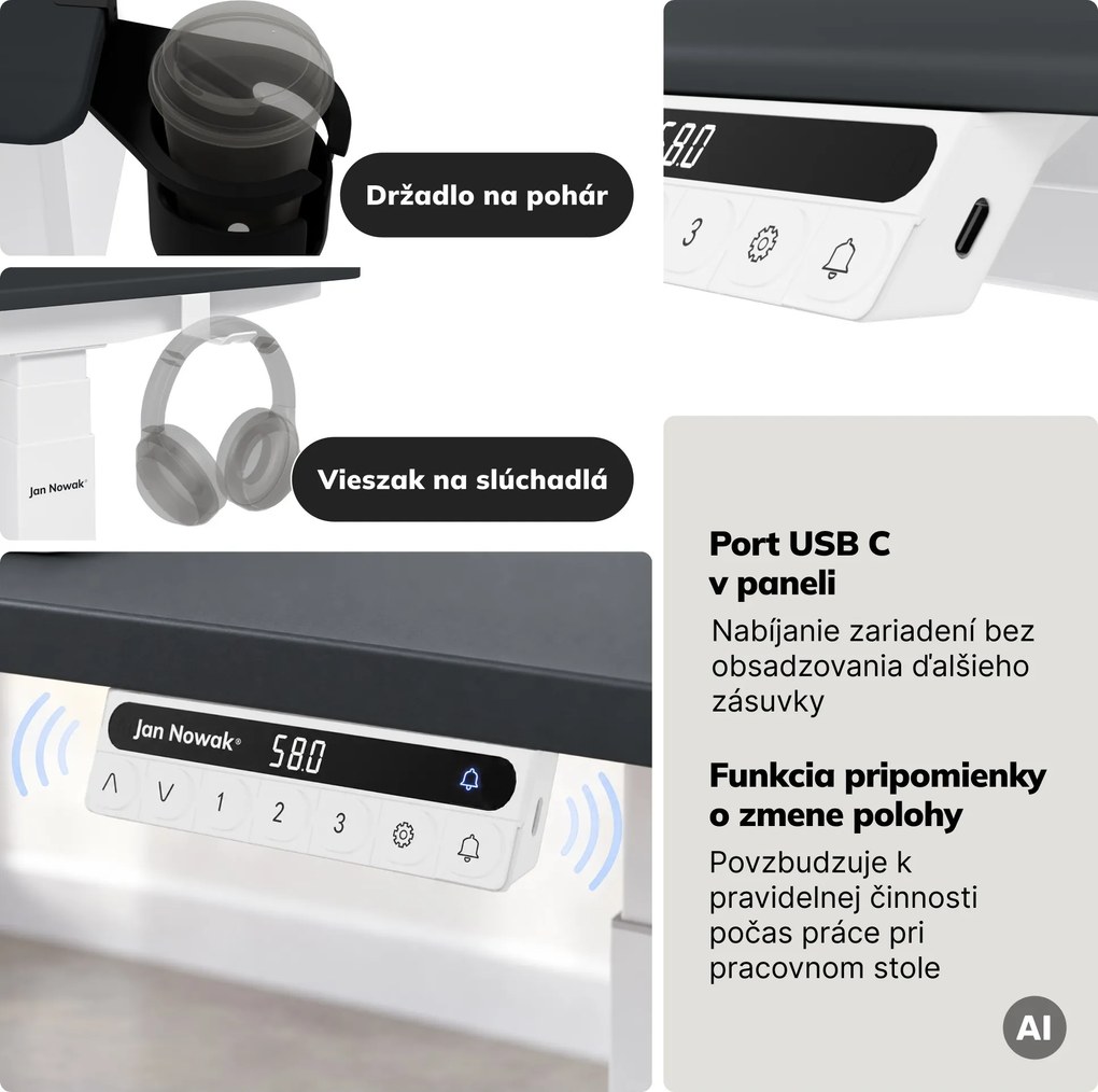 Elektrický stôl s nastaviteľnou výškou ergonomický bielo-antracitový,1200x600 mm: ARIA