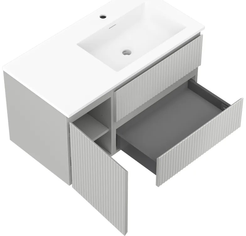 Mexen Rivel, kúpeľňová skrinka 90 cm s pravým umývadlom Otis, 2S, 1D, drážkovaná, sivá matná/biela matná - 91A23-09047-3-BBFFF62-W18P01