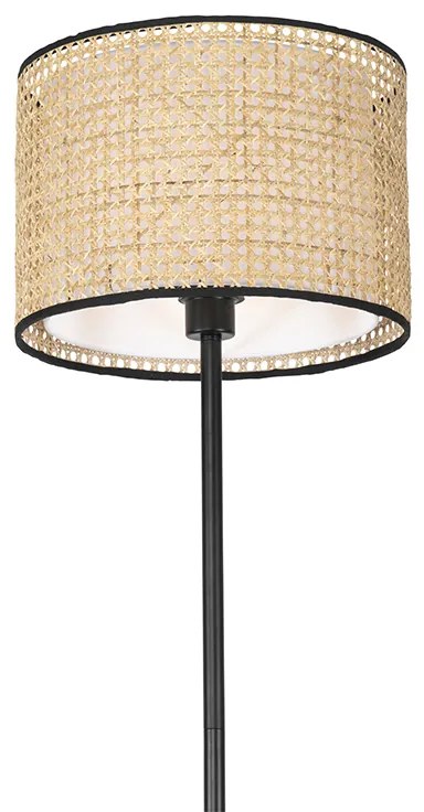 Rustikálna stojaca lampa čierna s ratanovým tienidlom - Kata