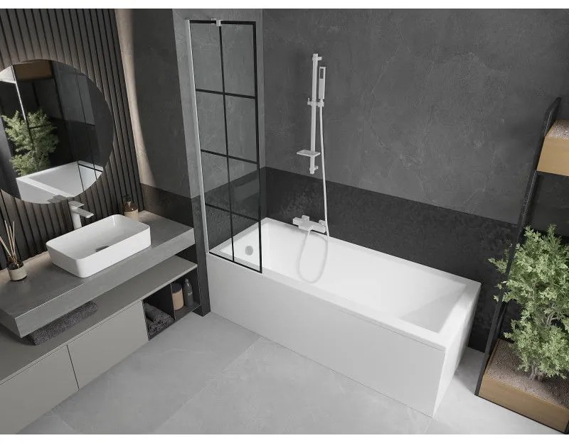 Mexen Next, vaňová zástena 1-krídlová 50 x 150 cm, fixné krídlo, 6 mm číre sklo s čiernym vzorom, biely profil, 895-050-000-00-77-20