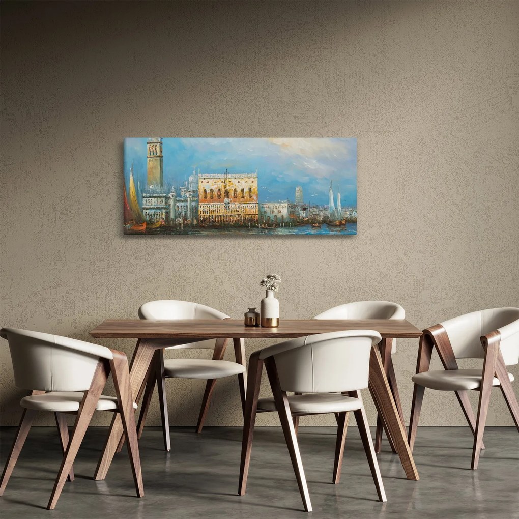 Obraz - Gondola prechádzajúca Benátkami, olejomaľba (120x50 cm)