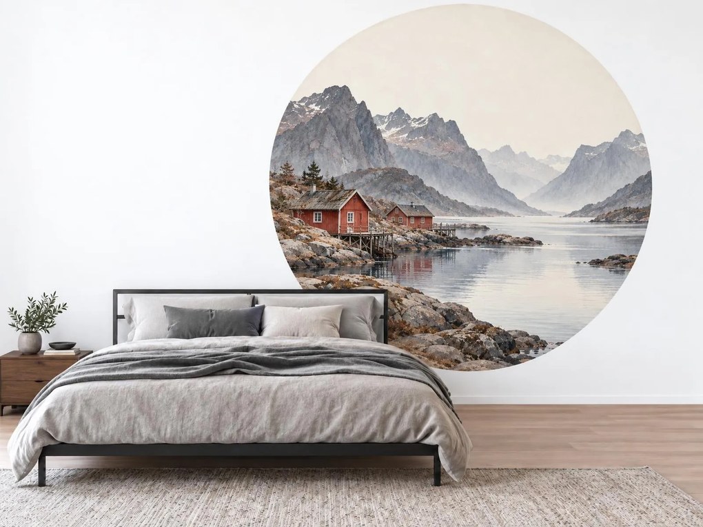 Červené domčeky pri fjorde kruhová akvarelová dekorácia so severskou krajinou na stenu arch 46 x 46 cm