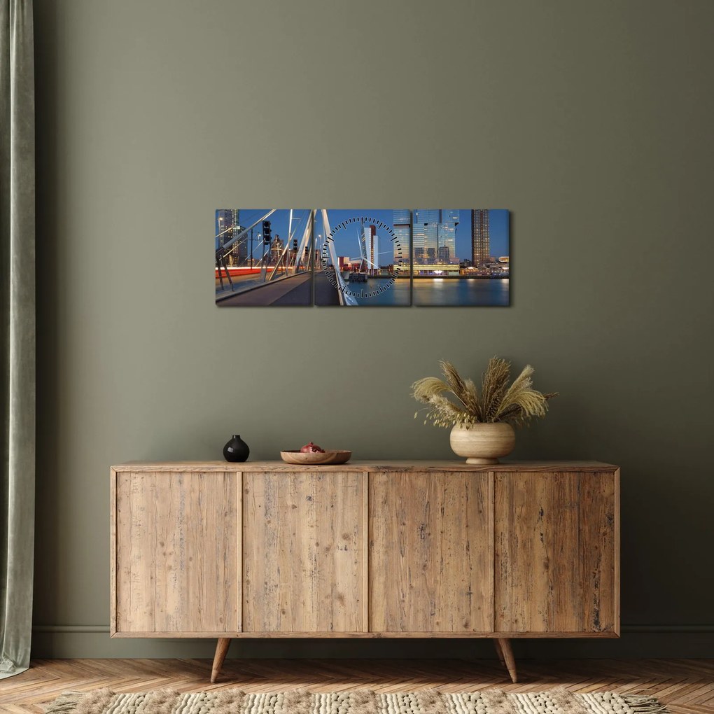 Obraz - Súmrak v Rotterdame, Holandsko (s hodinami) (90x30 cm)