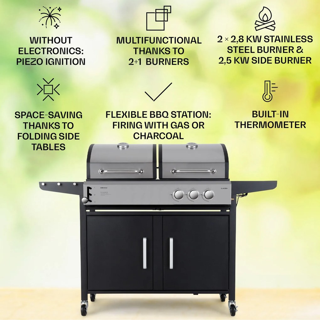 Kingsville, kombinovaný gril, plyn + uhlie, 8,1kW, 2+1 horák, výškovo nastaviteľný