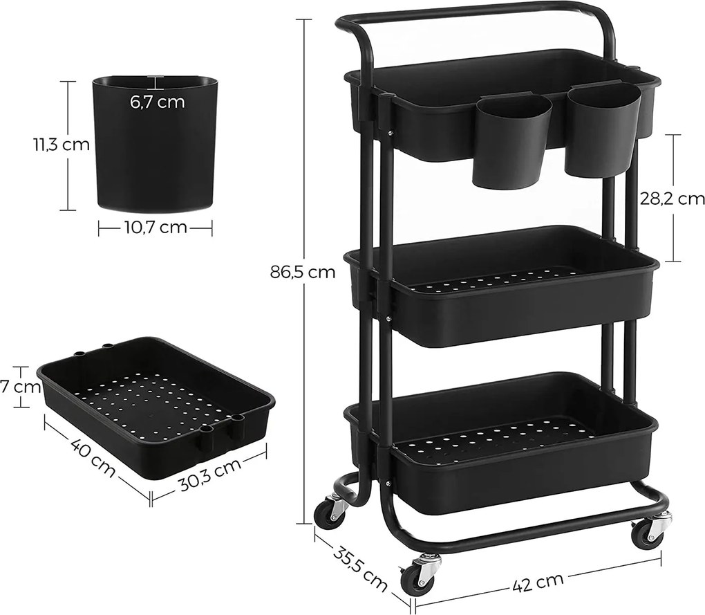 Úložný vozík 3-úrovňový s rukoväťou, s 2 organizérmi, čierny