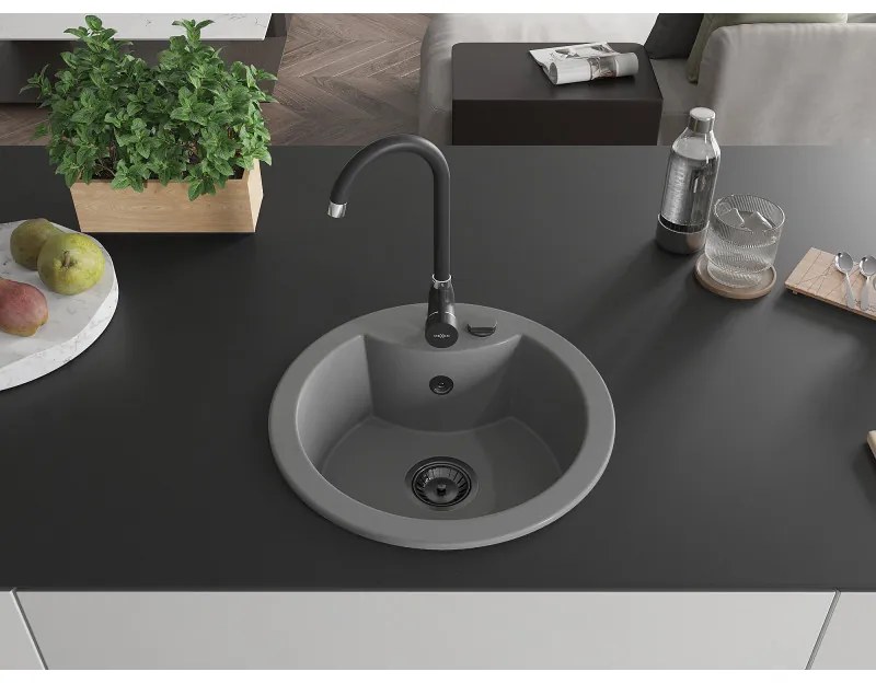 Mexen Diego, 1-komorový granitový drez 488x488x167 mm, čierny sifón, čierna matná batéria Telma, šedá, 6512-71-670200-70-B