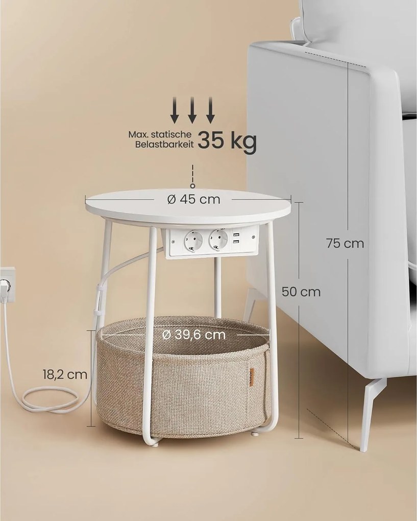 Okrúhly príručný stolík s nabíjacou stanicou, malý stolík so zásuvkou, matná biela a béžová farba