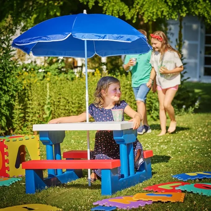 Spielwerk Detská sedacia zostava so slnečníkom JASMIN, 67x78,5x42,5cm, modrá/biela/červená