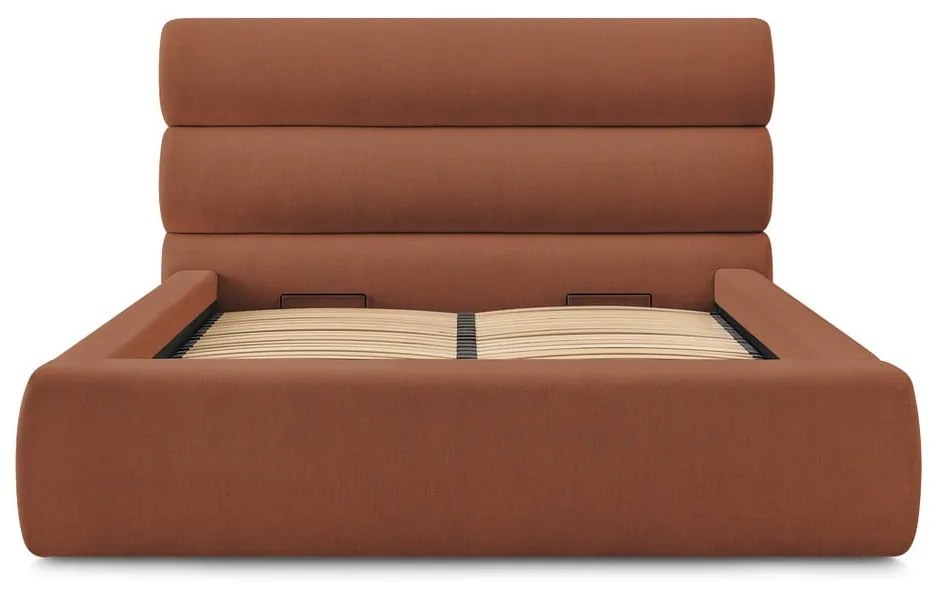 Oranžová čalúnená dvojlôžková posteľ s úložným priestorom s roštom 180x200 cm Jagna – Bobochic Paris