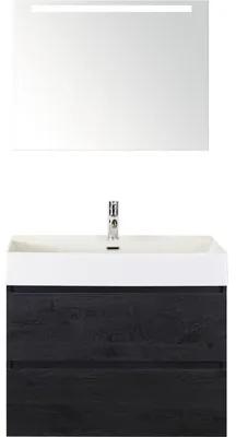 Kúpeľňový nábytkový set Sanox Maxx XL farba čela black oak ŠxVxH 81 x 183 x 45,5 cms keramickým umývadlom a zrkadlom s LED osvetlením