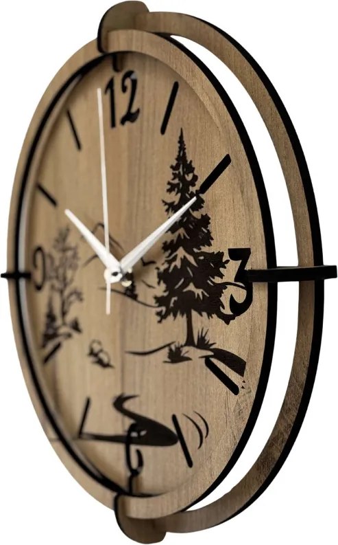 Moderné nástenné hodiny s motívom lesa a hôr | SENTOP HDF0600-GOLD-OAK