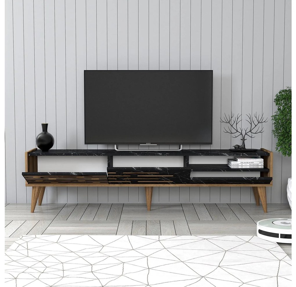 TV stolík/skrinka Tonase (orech + čierna + mramor). Akcia -20%. Vlastná spoľahlivá doprava až k Vám domov. 1095462