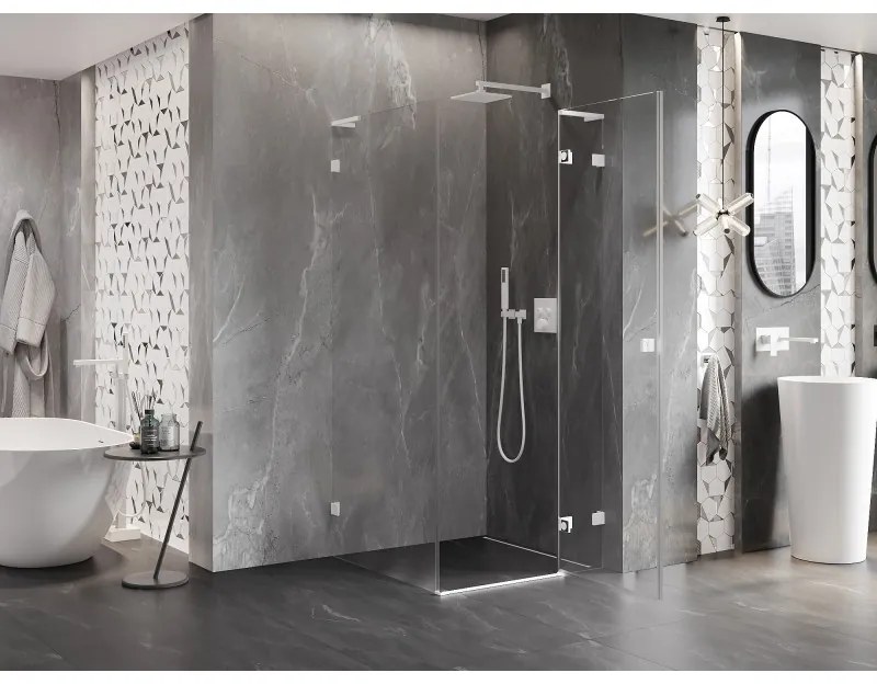 Mexen Lunar, L pravý výklopný sprchový kút 90 x 90 cm, 8mm číre sklo, biely profil, 834L-090-090-20-00-P