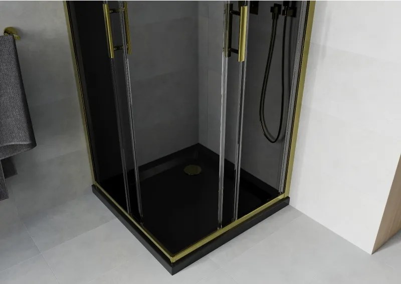 Mexen Rio, štvorcový sprchovací kút s posuvnými dverami 80(dvere) x 80(dvere) x 190 cm, 6mm šedé sklo, zlatý profil + čierna sprchová vanička SLIM, 860-080-080-50-40-4070G