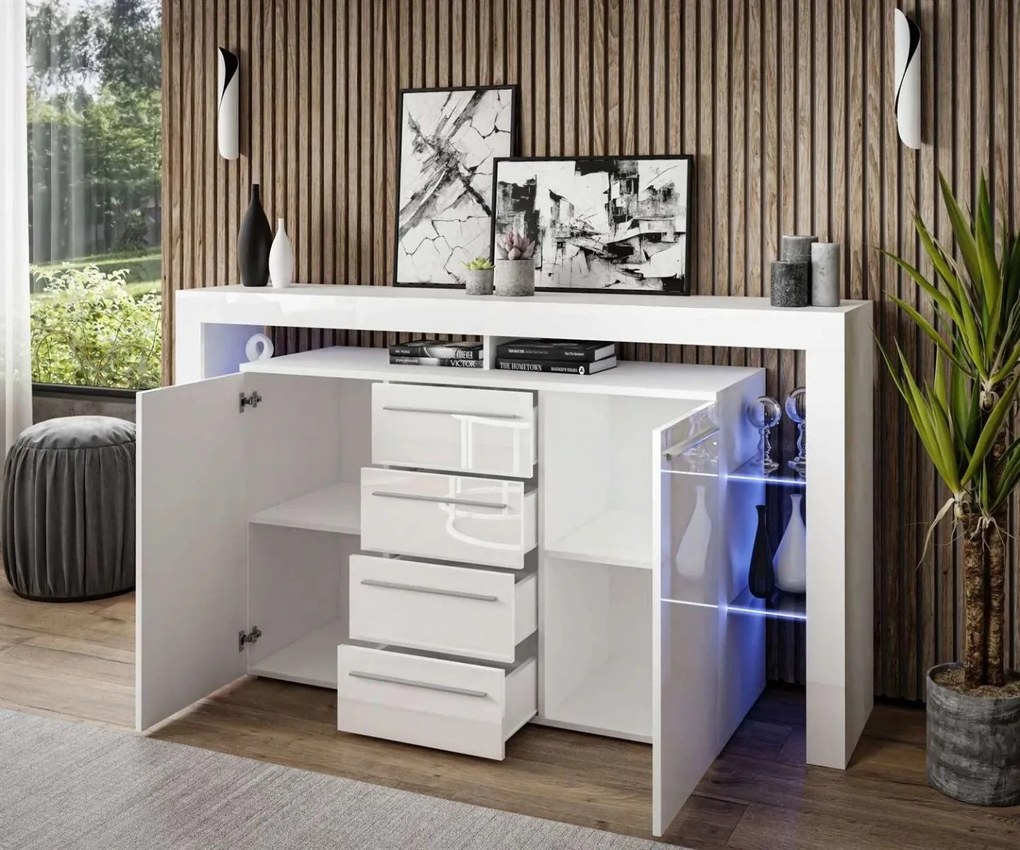 KOMODA ELIS LED BIELA BIELE ZÁSUVKY VYSOKÝ LESK 170 cm
