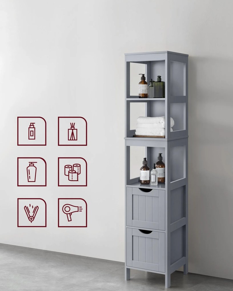 Kúpeľňová podlahová skrinka, s 2 zásuvkami, 3 otvorenými priehradkami, sivá