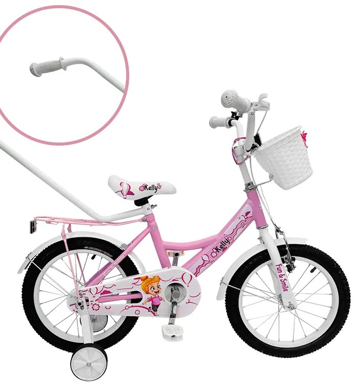 Detský bicykel s pomocnými kolieskami, vodiacou tyčou, košíkom a zvončekom 12 – pre deti od 2,5 do 4 rokov